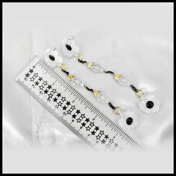 White & Black Earrings Long Dangles Lalique Look Lily, OOAK Recycled Vintag - Picture 3 of 11